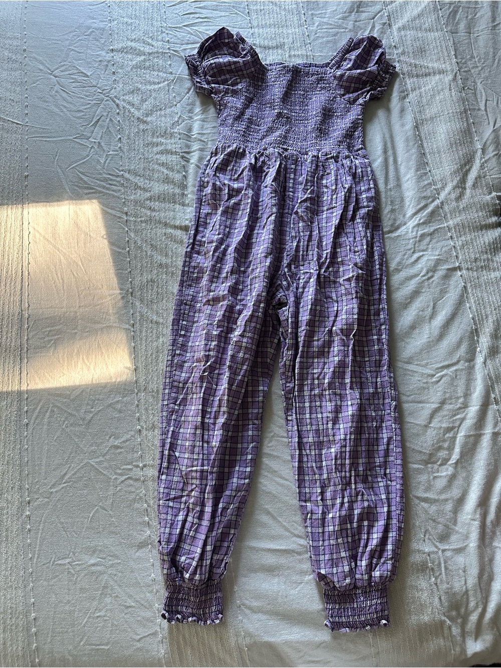 SweetHoney Purple Plaid Smocked Jumpsuit with Puff Sleeves